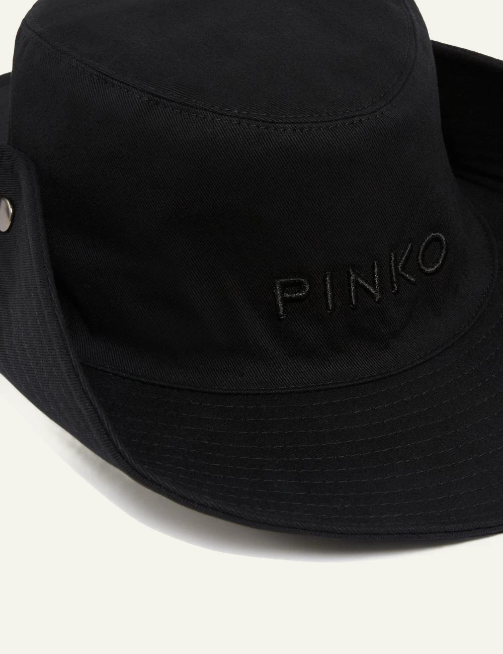 Pinko wide brim hat black cotton drill me logo embroidery kai side buttons front detail view
