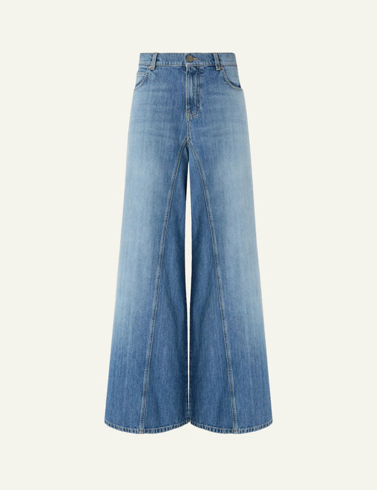Pinko wide leg jeans denim blue vintage wash front flat view