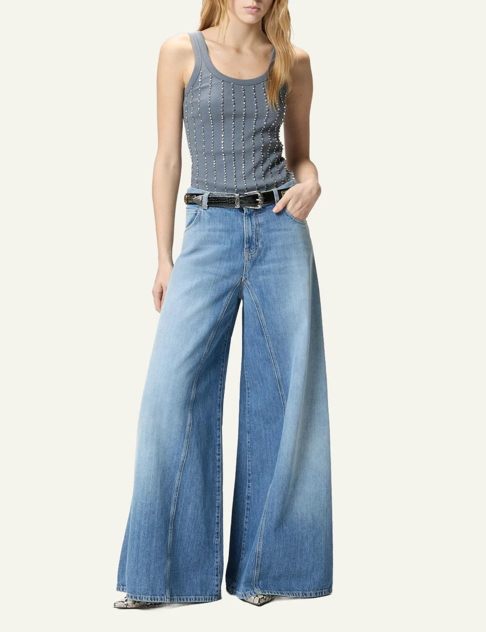 Pinko wide leg jeans denim blue vintage wash front full body view