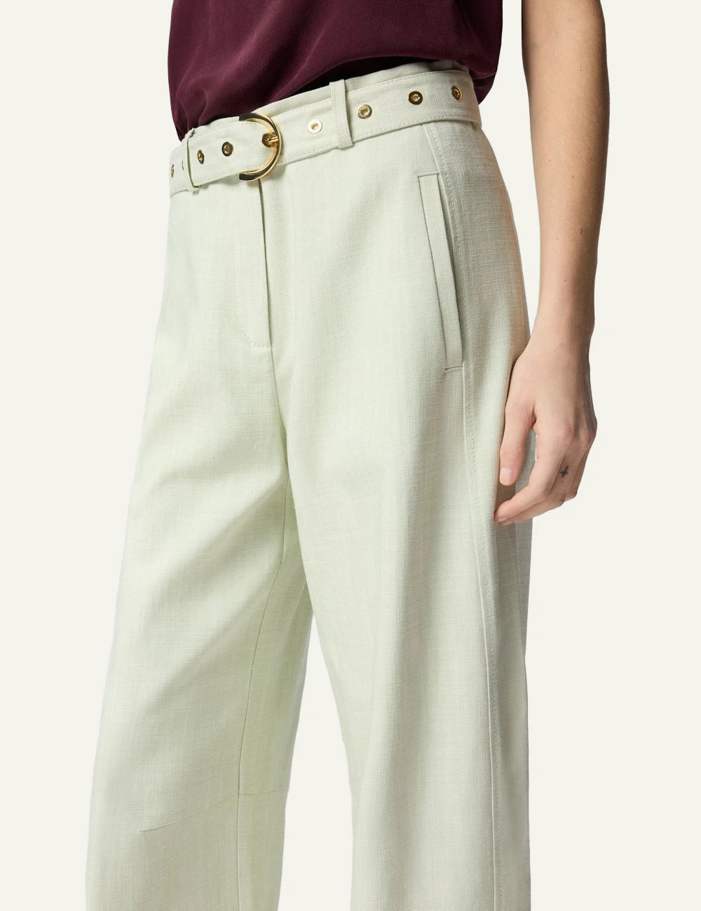 Pinko light pistachio wide leg pants with belt front detail view