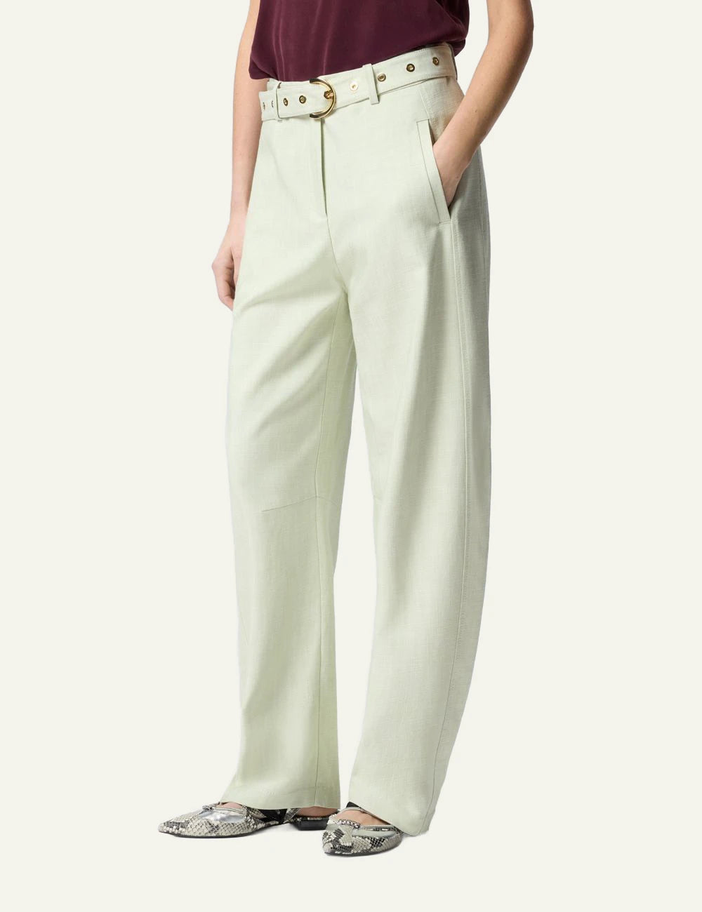 Pinko light pistachio wide leg pants with belt front model view