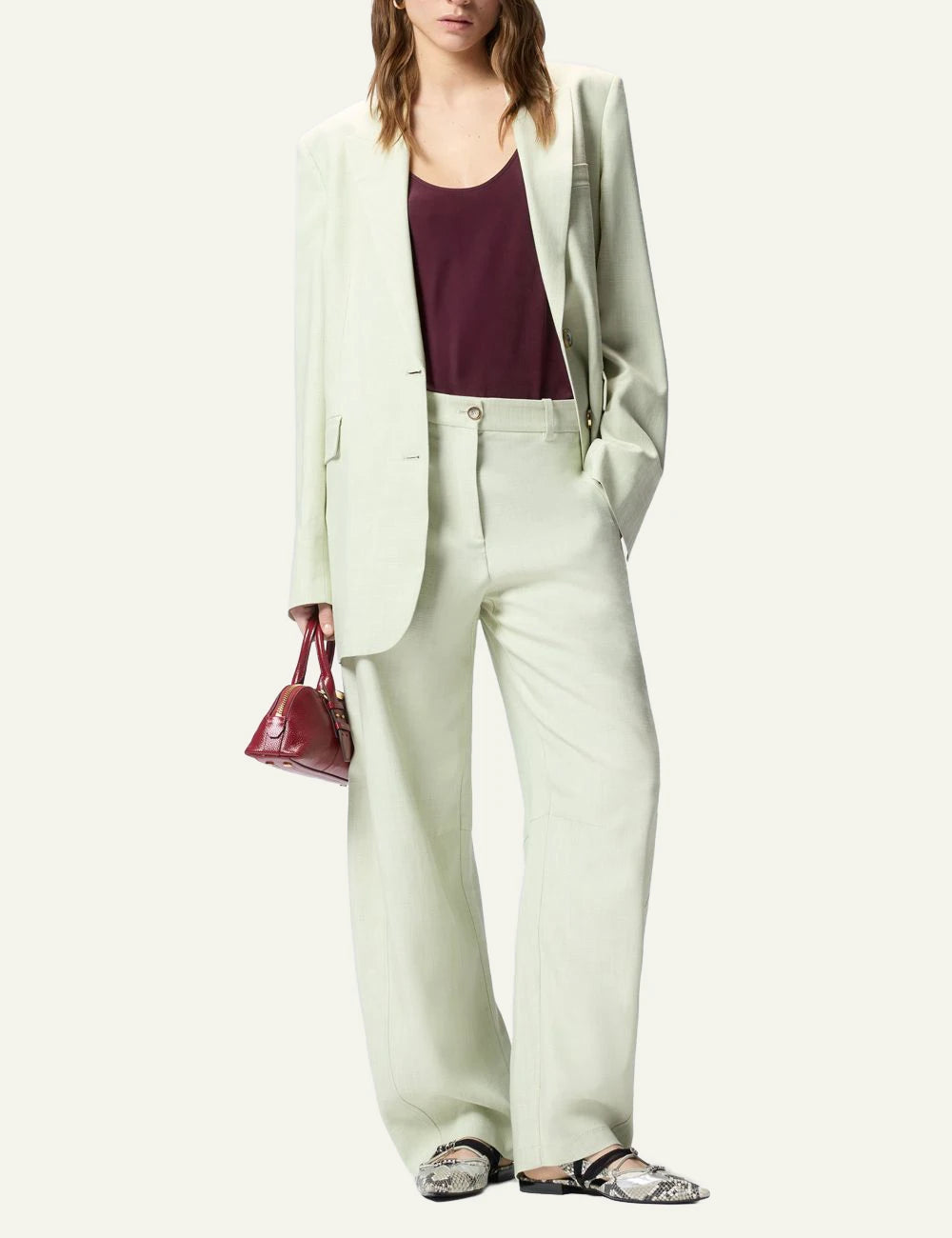 Pinko light pistachio wide leg pants with belt front full body view
