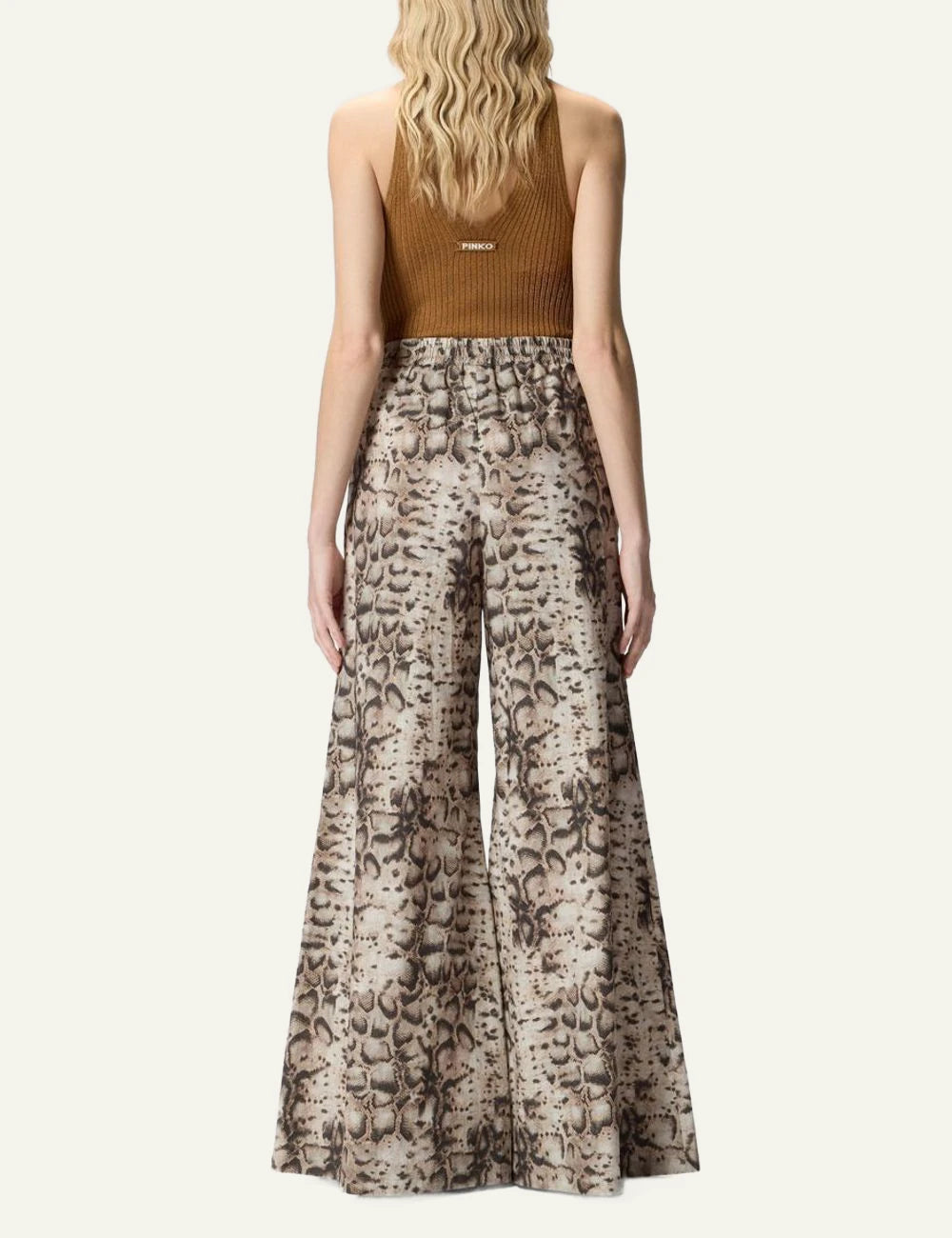 Pinko wide leg pants snake print cotton mousseline elastic waist back view