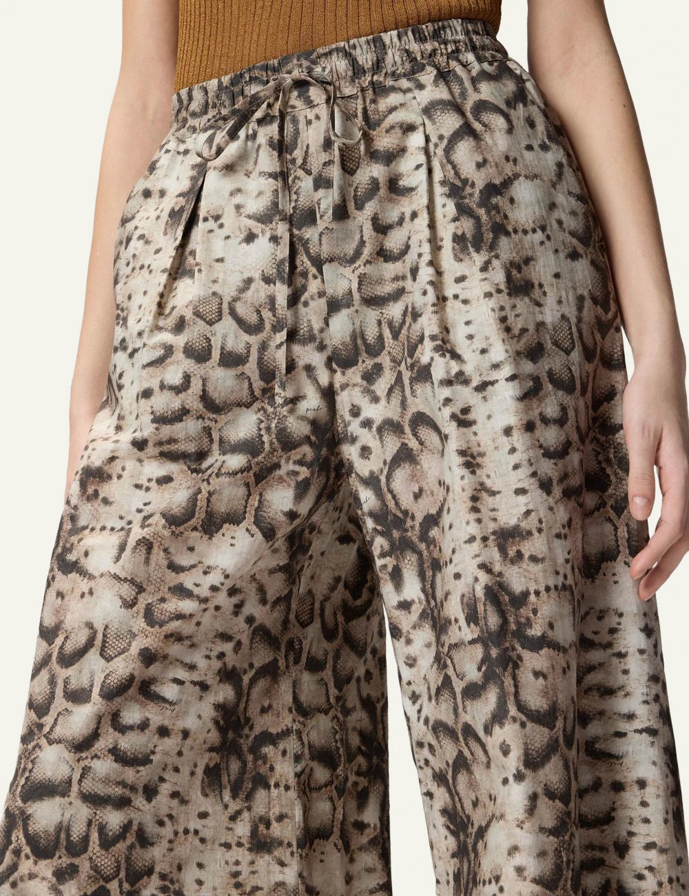 Pinko wide leg pants snake print cotton mousseline elastic waist front detail view