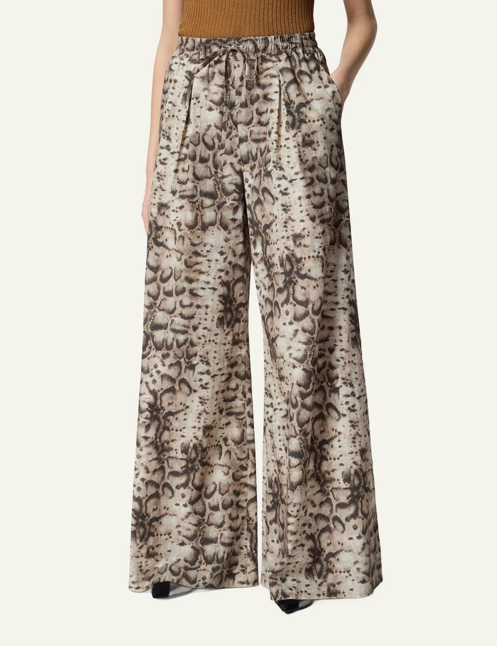 Pinko wide leg pants snake print cotton mousseline elastic waist front model view