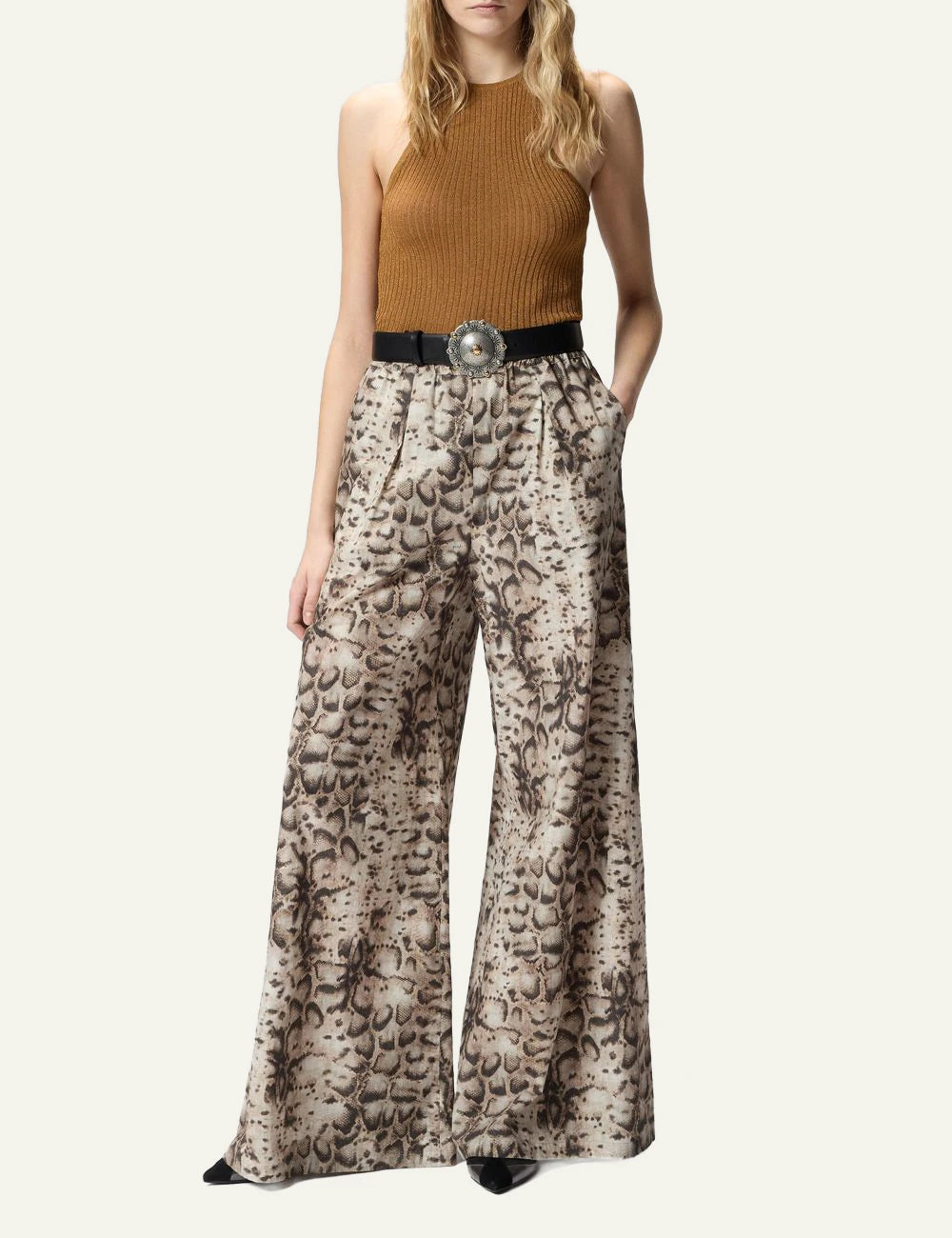Pinko wide leg pants snake print cotton mousseline elastic waist front full body view