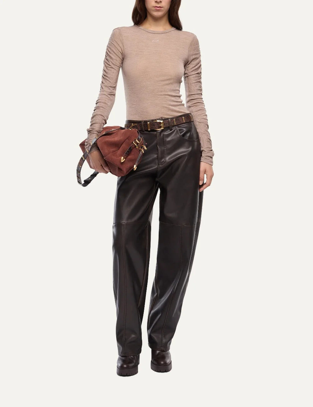 PINKO women's beige melange cotton wool blend slim-fit long sleeve top with ruched sleeves, crew neck and embroidered logo full body