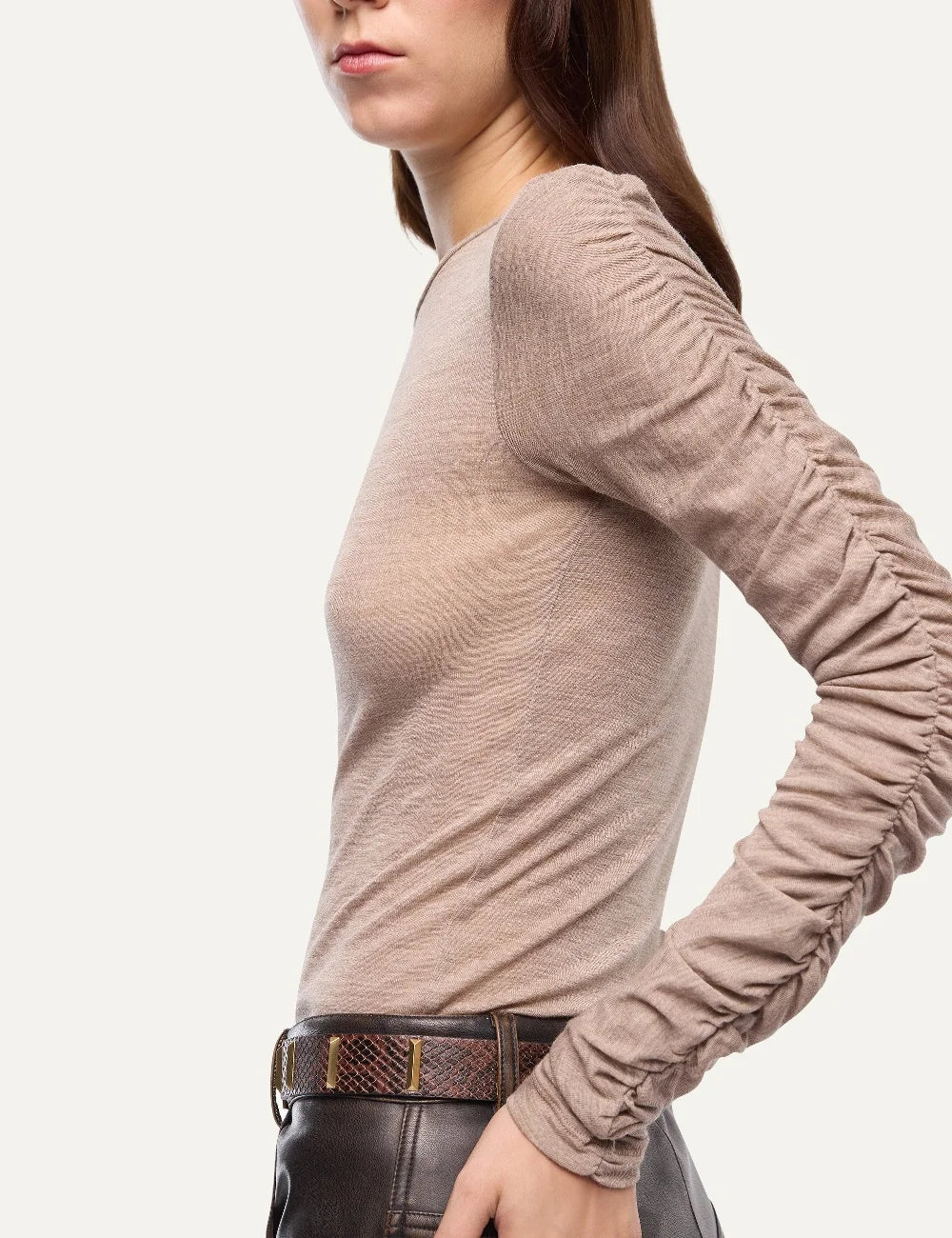 PINKO women's beige melange cotton wool blend slim-fit long sleeve top with ruched sleeves, crew neck and embroidered logo side