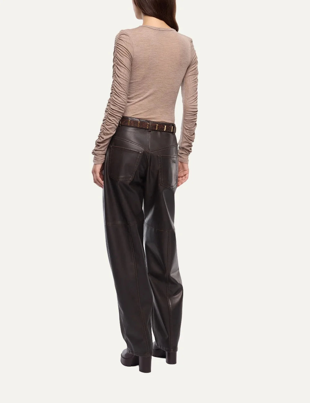 PINKO women's beige melange cotton wool blend slim-fit long sleeve top with ruched sleeves, crew neck and embroidered logo back