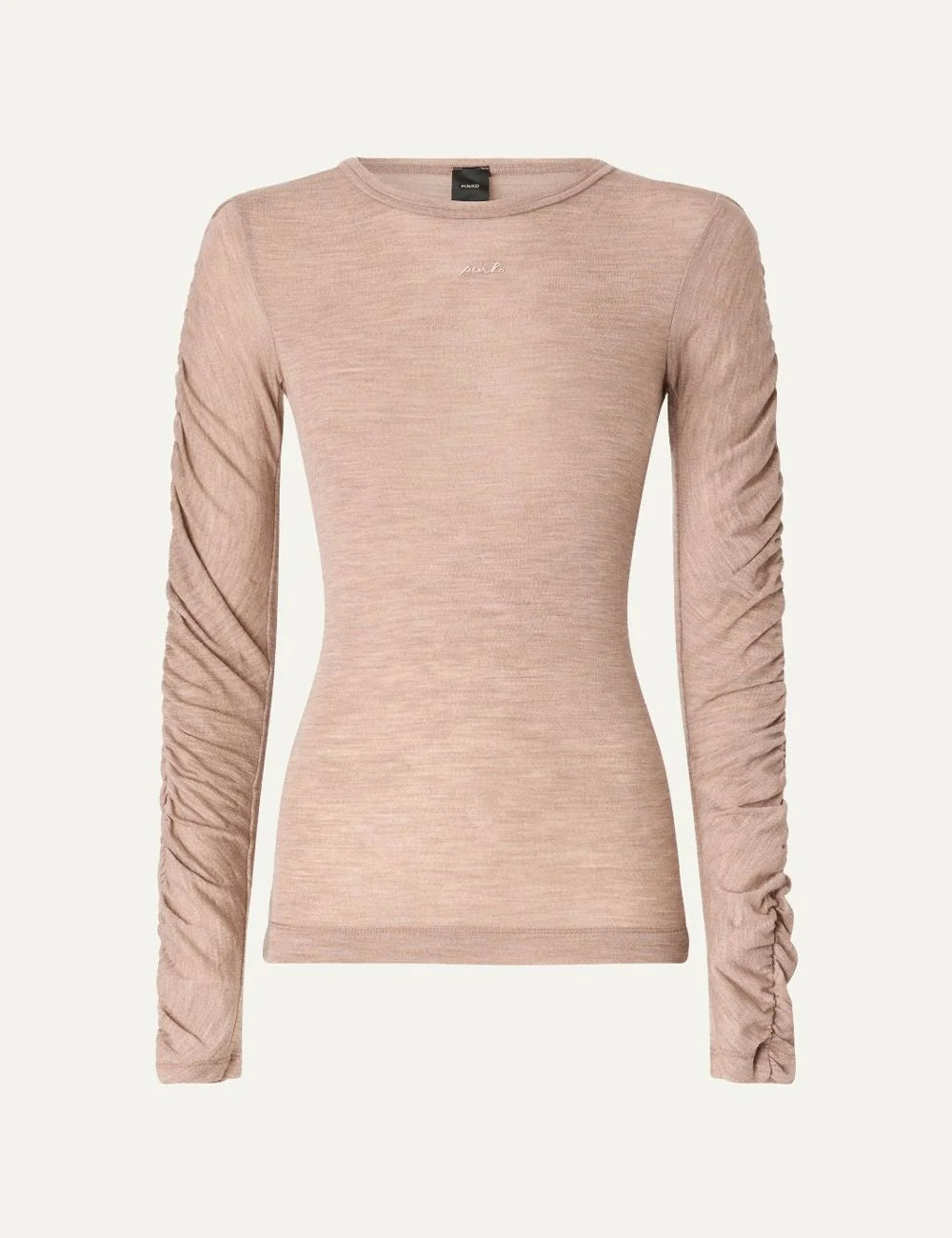 PINKO women's beige melange cotton wool blend slim-fit long sleeve top with ruched sleeves, crew neck and embroidered logo.