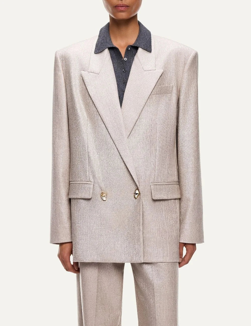 PINKO women's beige metallic virgin wool oversized double-breasted blazer with peak lapels and jewel buttons front view