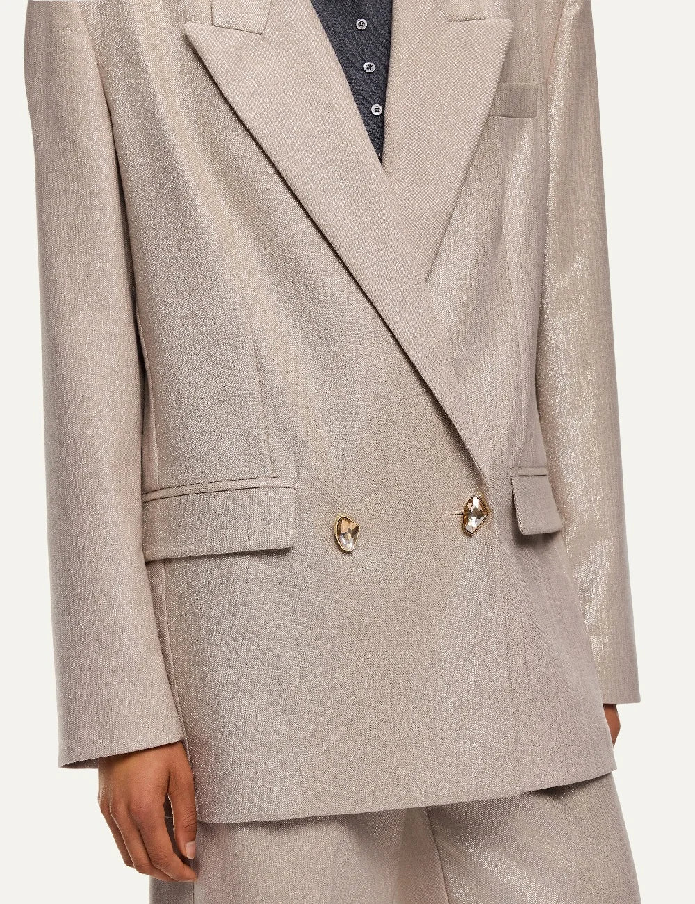 PINKO women's beige metallic virgin wool oversized double-breasted blazer with peak lapels and jewel buttons clos eup details