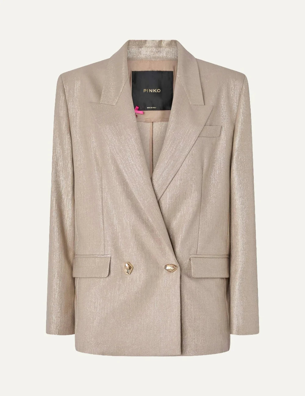 PINKO women's beige metallic virgin wool oversized double-breasted blazer with peak lapels and jewel buttons product shot