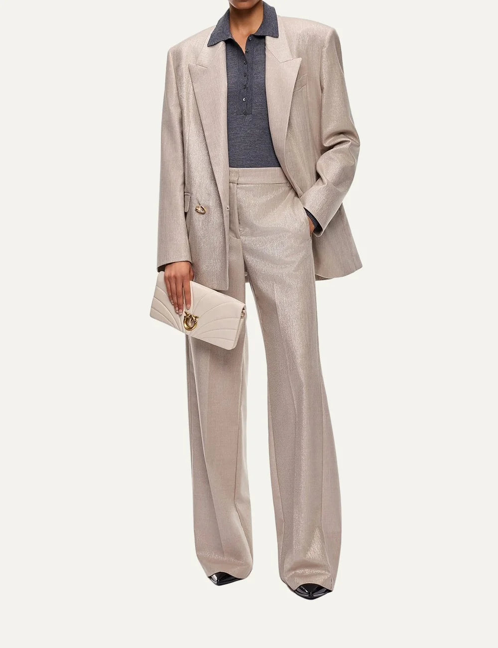 PINKO women's beige metallic virgin wool palazzo trousers with wide legs, pressed creases and subtle shimmer front view