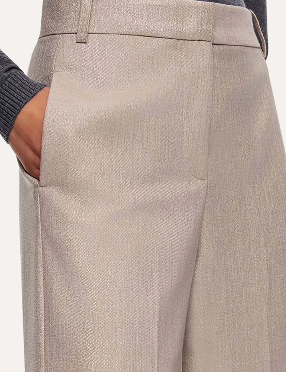 PINKO women's beige metallic virgin wool palazzo trousers with wide legs, pressed creases and subtle shimmer close up view