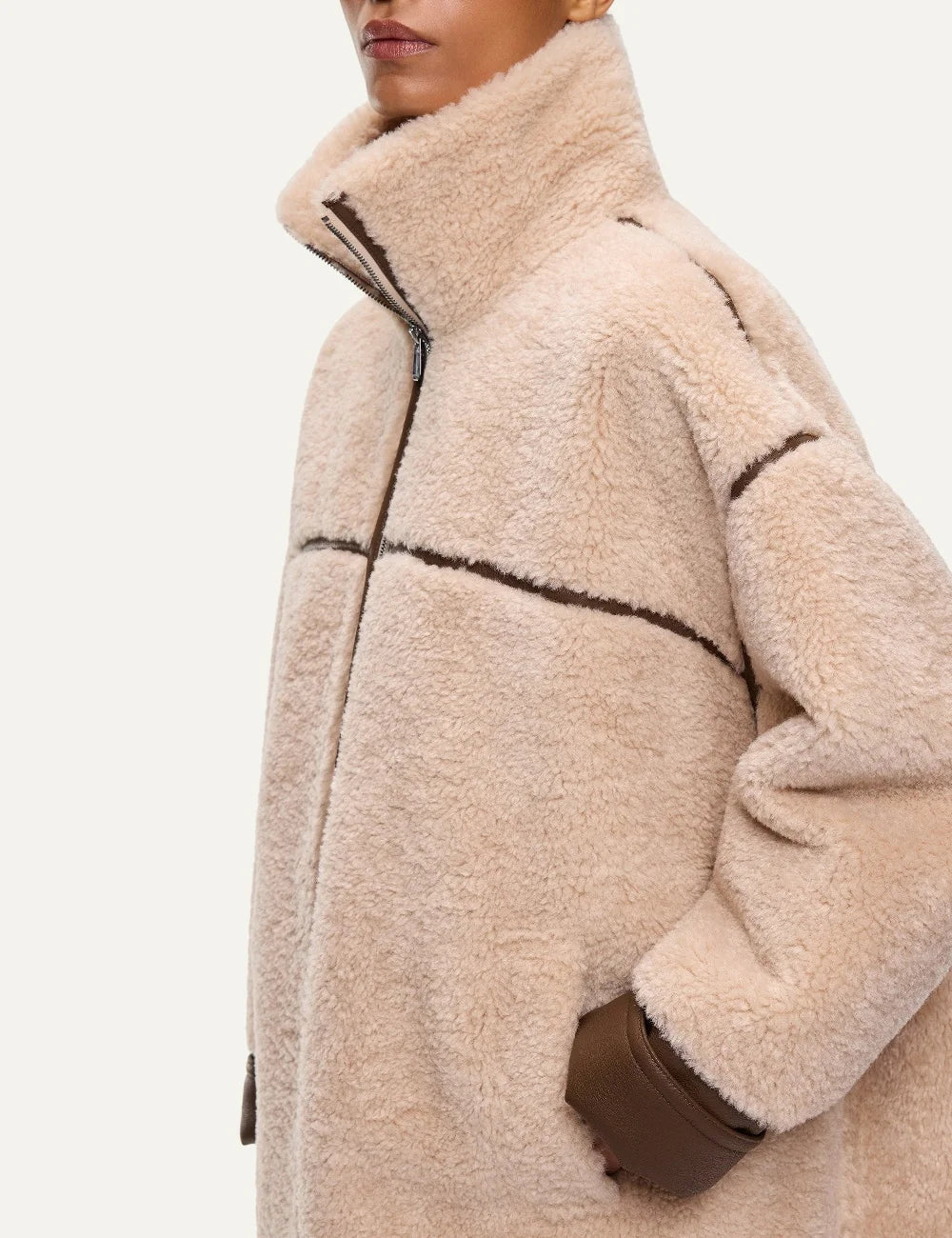 Pinko women's beige oversized shearling-effect coat with brown faux leather trims and front zip closure side