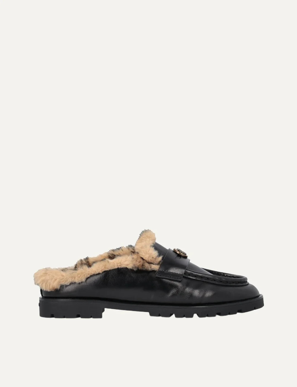 Pinko women's black leather backless loafers with leopard faux fur lining and gold Love Birds detail.