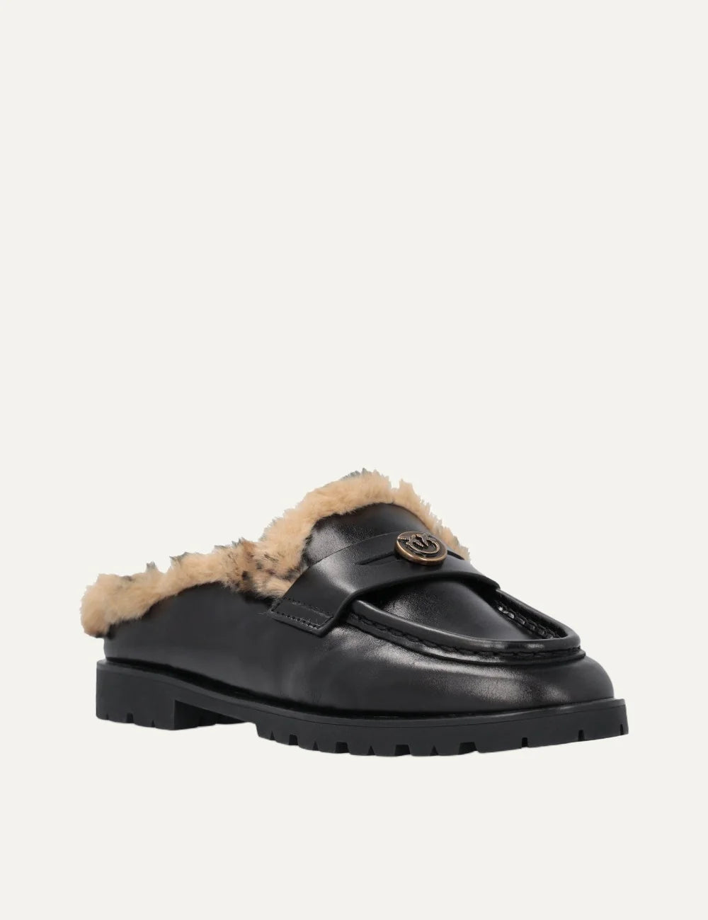 Pinko women's black leather backless loafers with leopard faux fur lining and gold Love Birds detail angled