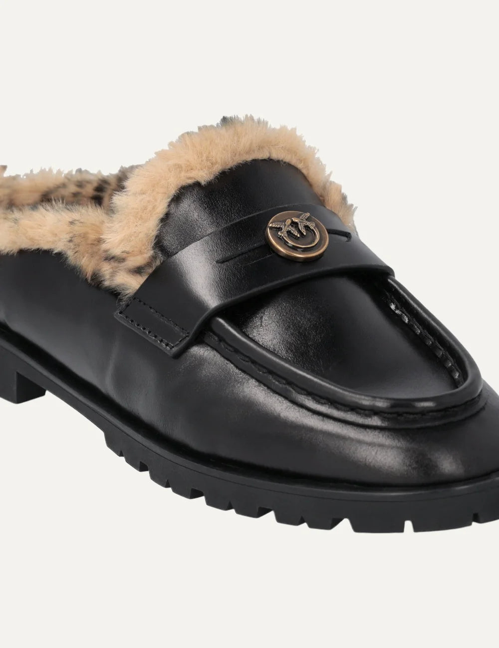 Pinko women's black leather backless loafers with leopard faux fur lining and gold Love Birds detail angled
