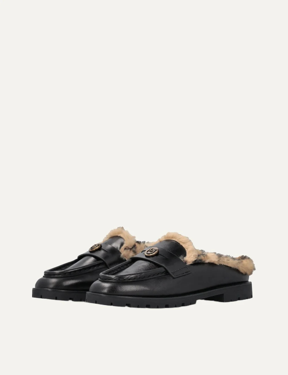 Pinko women's black leather backless loafers with leopard faux fur lining and gold Love Birds detail front