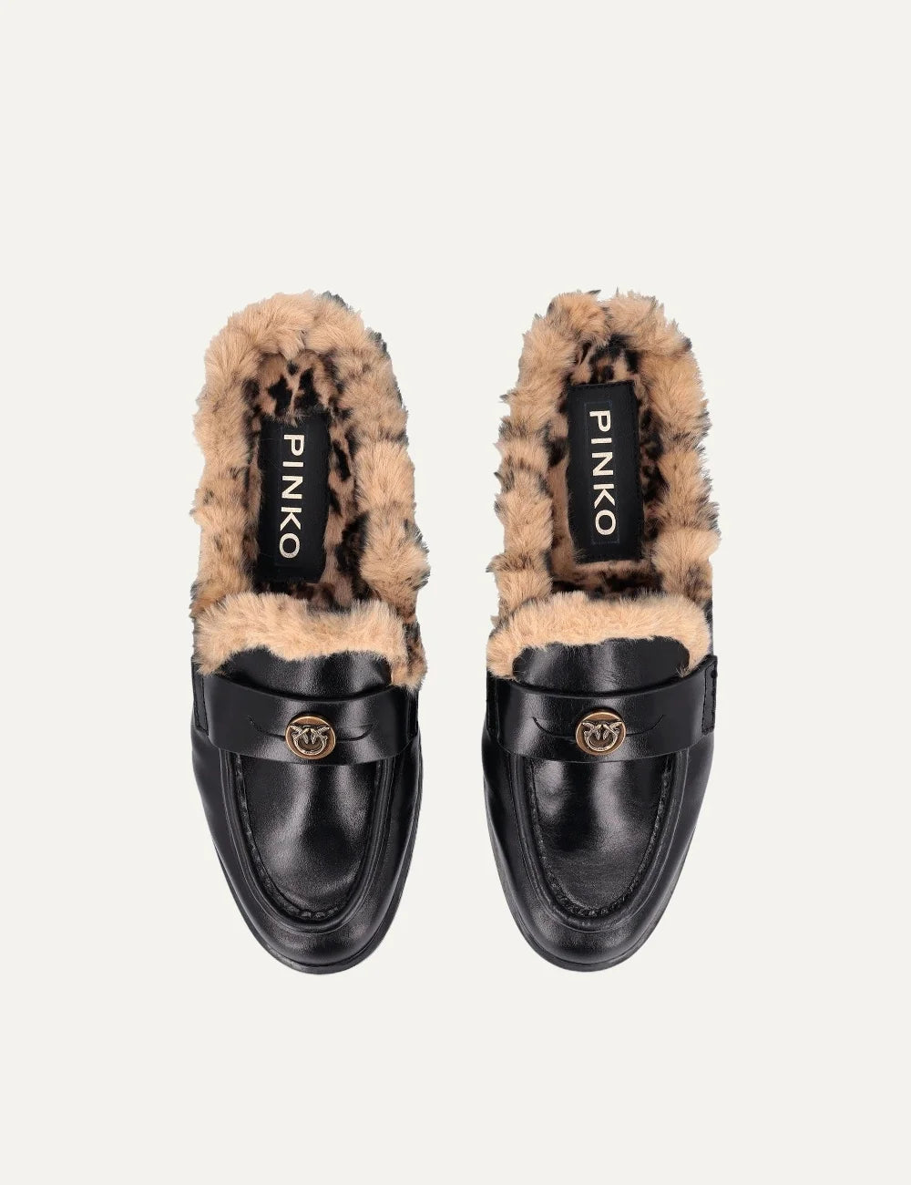 Pinko women's black leather backless loafers with leopard faux fur lining and gold Love Birds detail top