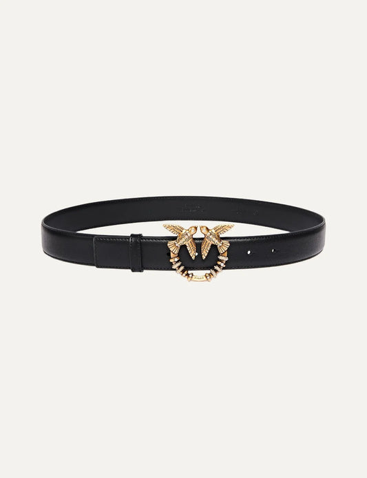 Pinko women's black leather belt with gold Love Birds buckle and sparkling crystal embellishments.