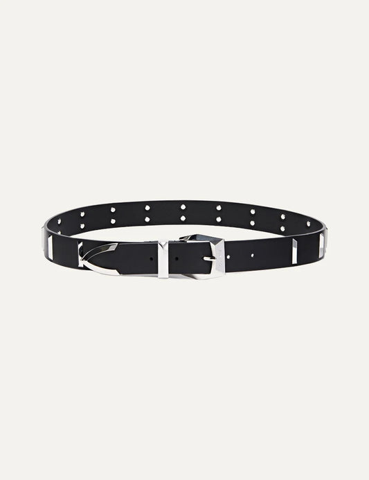 Pinko women's black leather belt with silver rectangular studs and metal buckle.