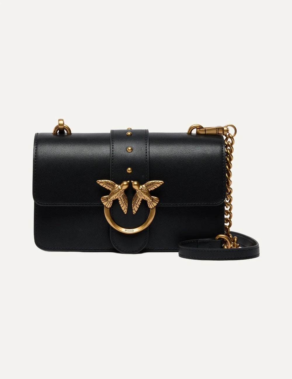 Pinko women's black leather Love Bag One small crossbody bag with antique gold Love Birds buckle, studded strap and chain shoulder strap.