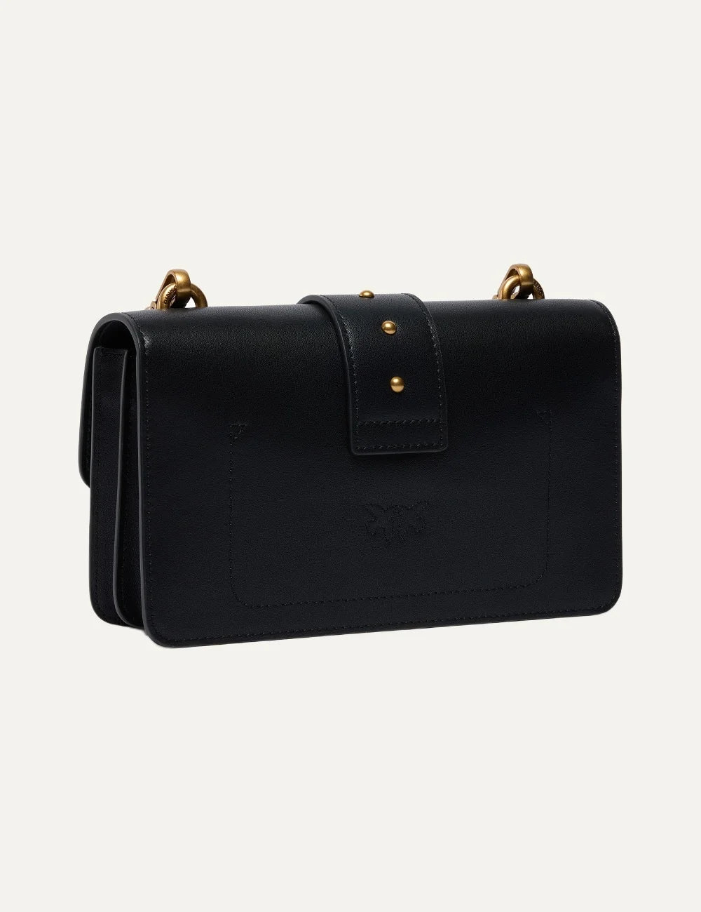 Pinko women's black leather Love Bag One small crossbody bag with antique gold Love Birds buckle, studded strap and chain shoulder strap back