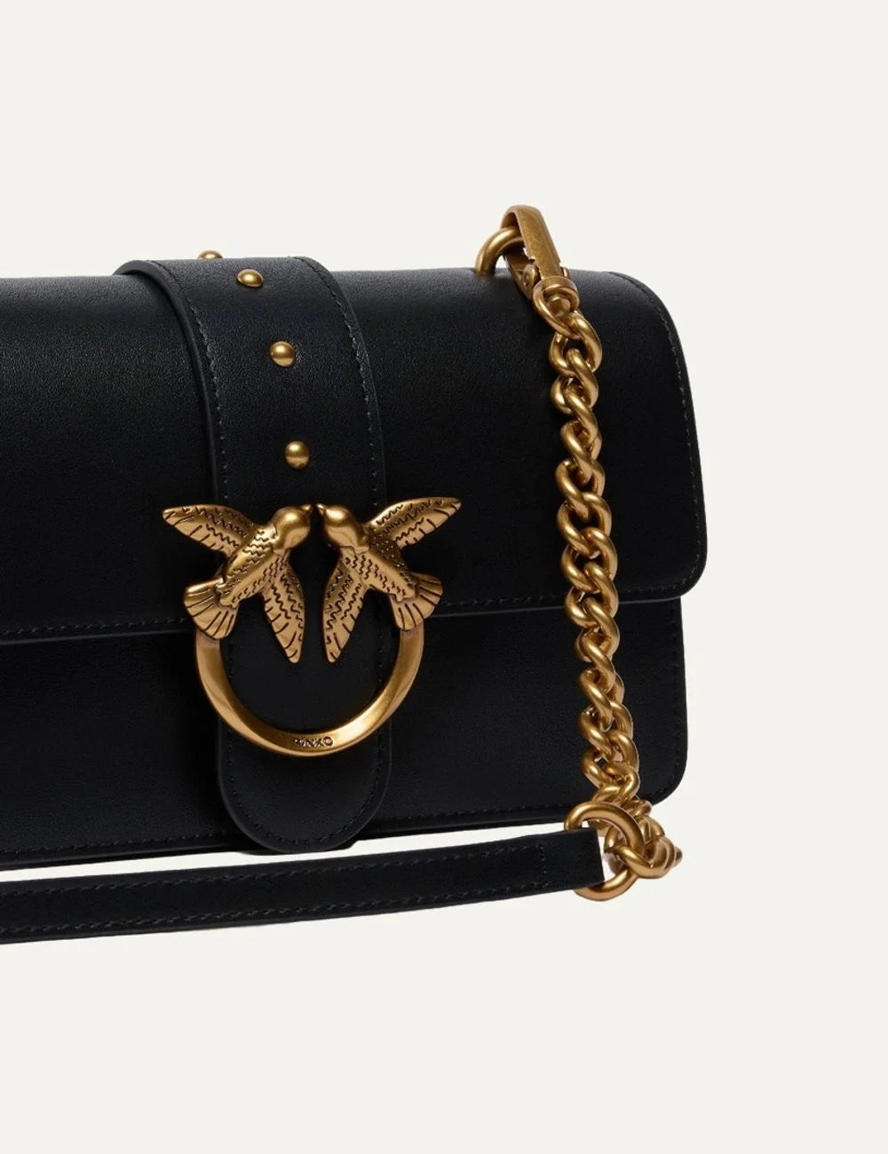 Pinko women's black leather Love Bag One small crossbody bag with antique gold Love Birds buckle, studded strap and chain shoulder strap detail