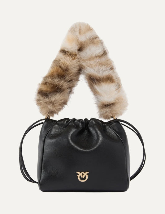 Pinko black leather pouch shoulder bag with beige and brown faux fur strap and gold Love Birds logo.