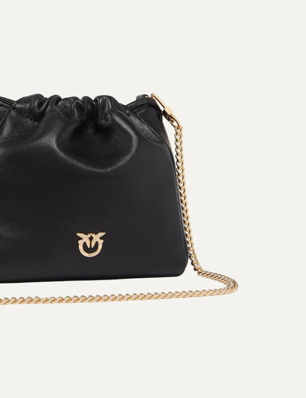 Pinko black leather pouch shoulder bag with beige and brown faux fur strap and gold Love Birds logo detail