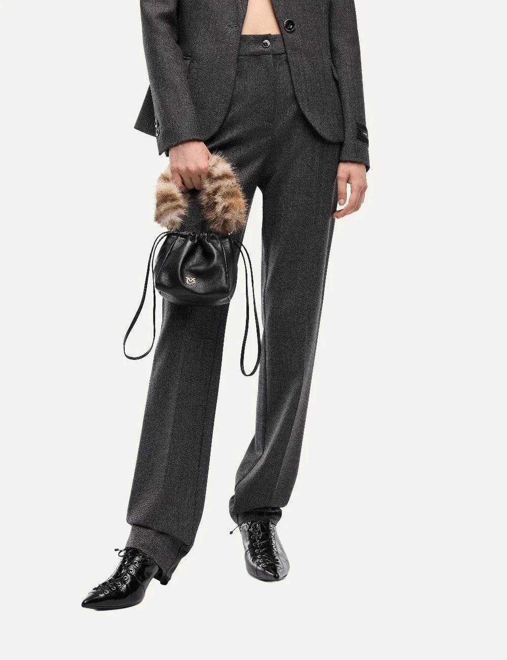 Pinko black leather pouch shoulder bag with beige and brown faux fur strap and gold Love Birds logo full body
