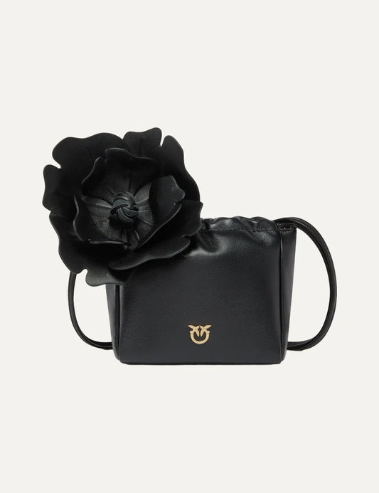 Pinko black nappa leather bucket pouch bag with oversized leather flower, gold Love Birds logo and shoulder strap.