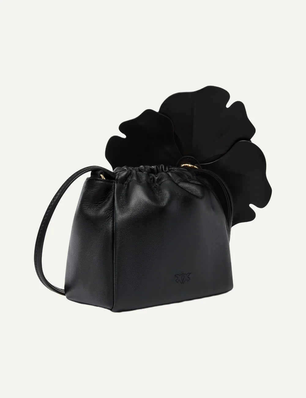 Pinko black nappa leather bucket pouch bag with oversized leather flower, gold Love Birds logo and shoulder strap back