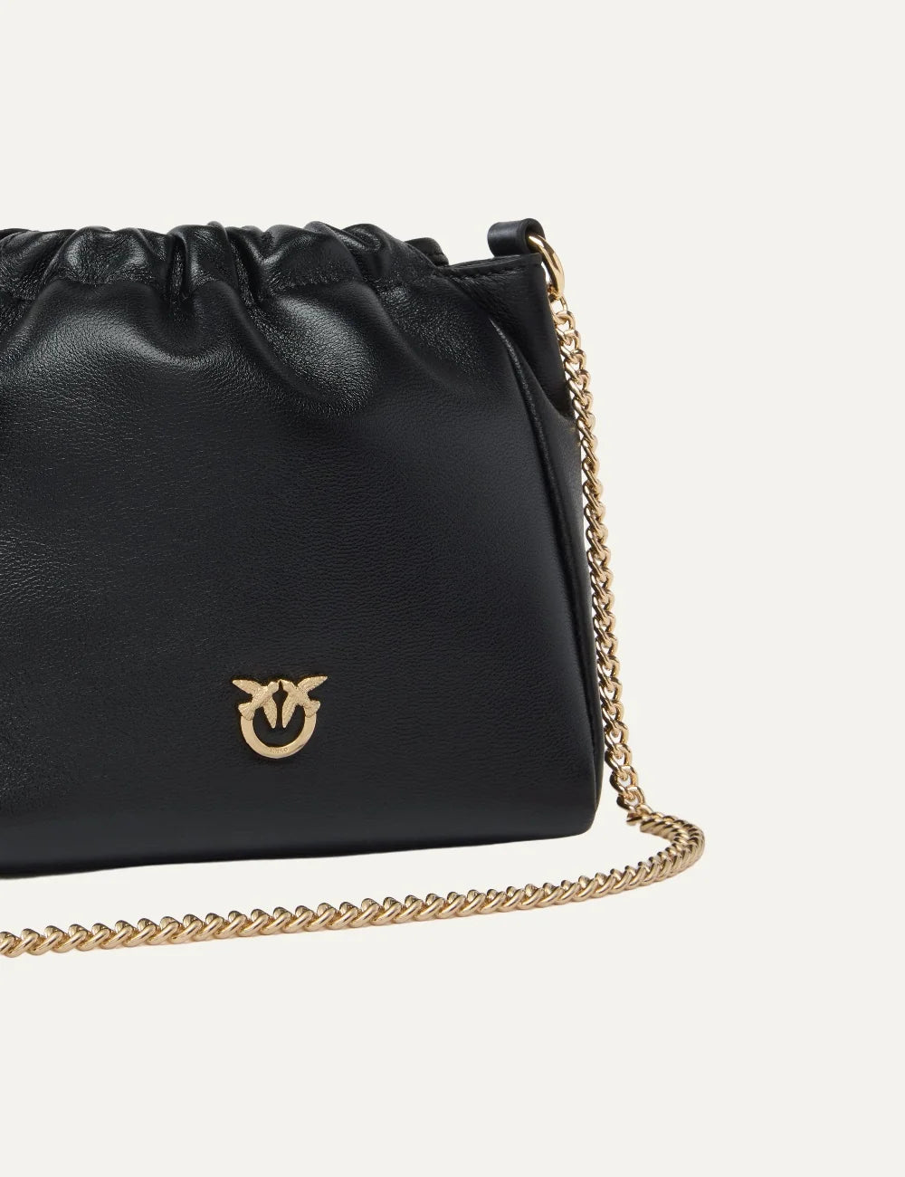 Pinko black nappa leather bucket pouch bag with oversized leather flower, gold Love Birds logo and shoulder strap detail