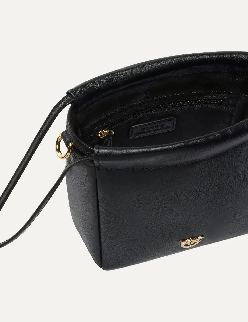Pinko black nappa leather bucket pouch bag with oversized leather flower, gold Love Birds logo and shoulder strap top