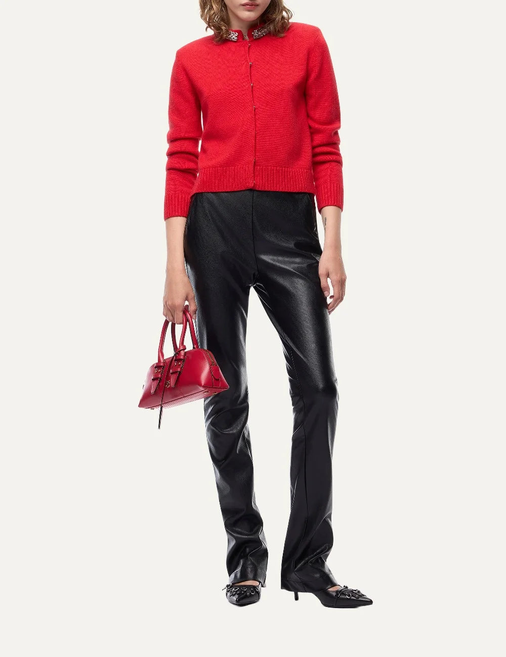 PINKO women's black nappa leather-look flared trousers with slim fit, belt loops and flared hems full body