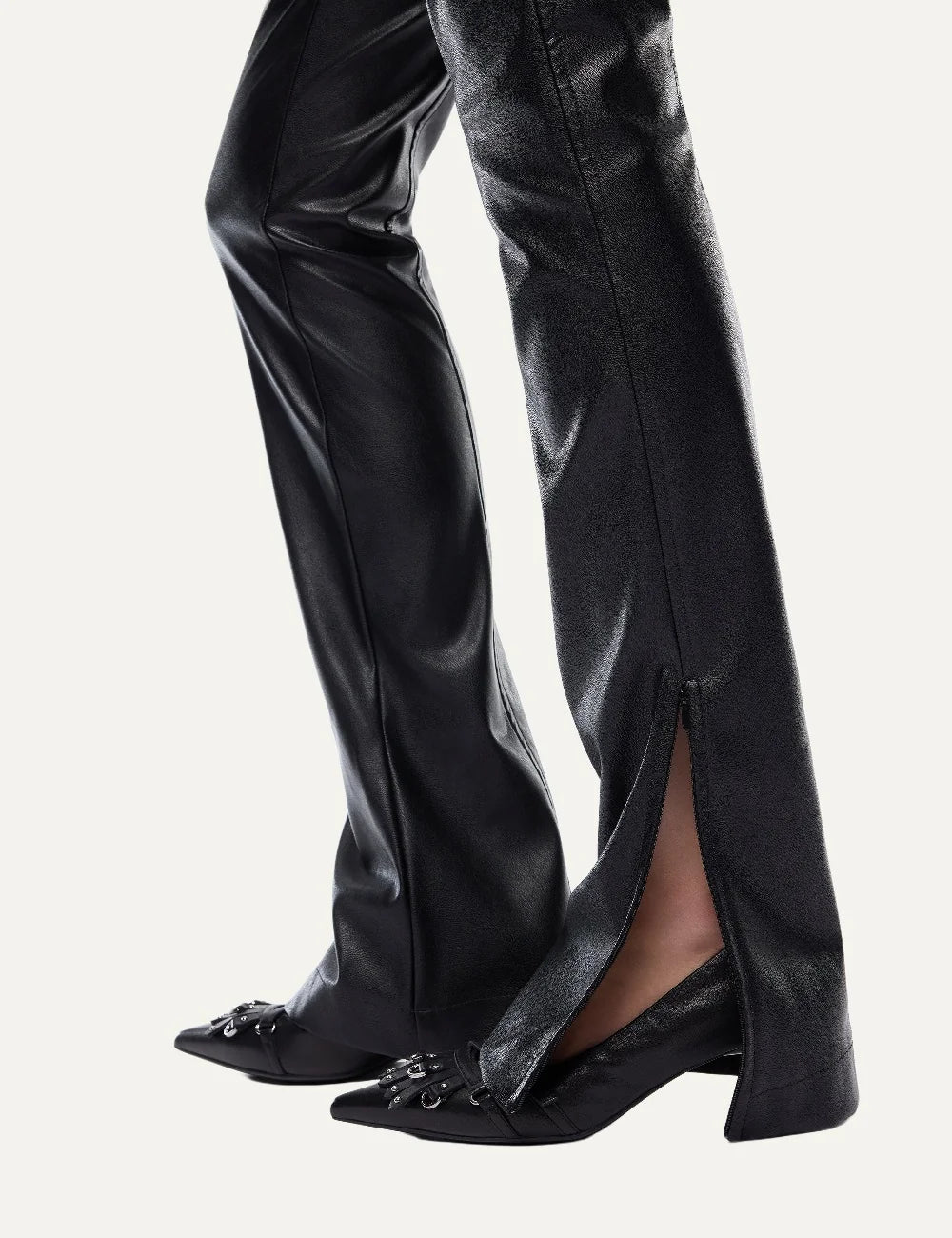 PINKO women's black nappa leather-look flared trousers with slim fit, belt loops and flared hems side