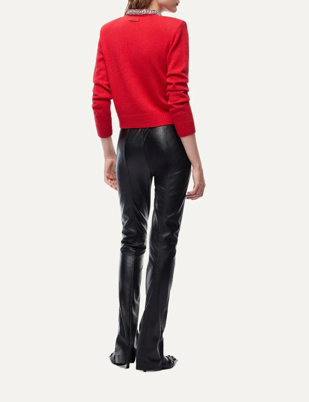 PINKO women's black nappa leather-look flared trousers with slim fit, belt loops and flared hems back