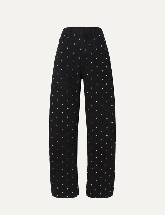 Pinko women's black barrel-leg jeans with all-over silver studs and wide rounded legs.