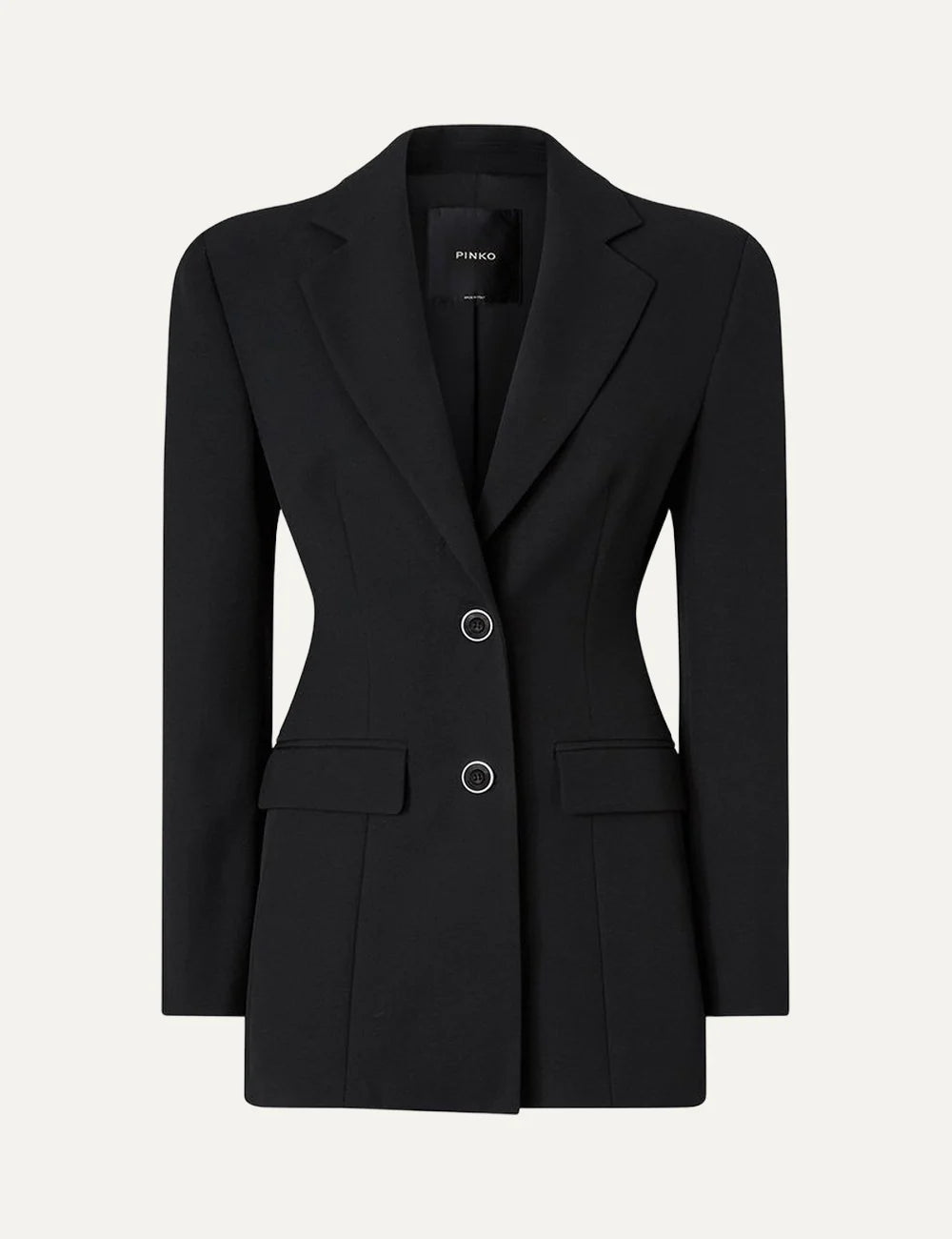 PINKO women's black tailored crepe blazer with structured shoulders, notched lapels, cinched waist and two-button closure product shot