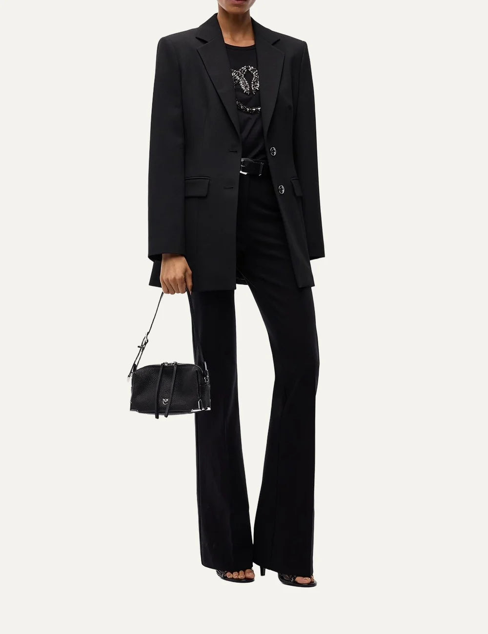 PINKO women's black tailored crepe blazer with structured shoulders, notched lapels, cinched waist and two-button closure full look