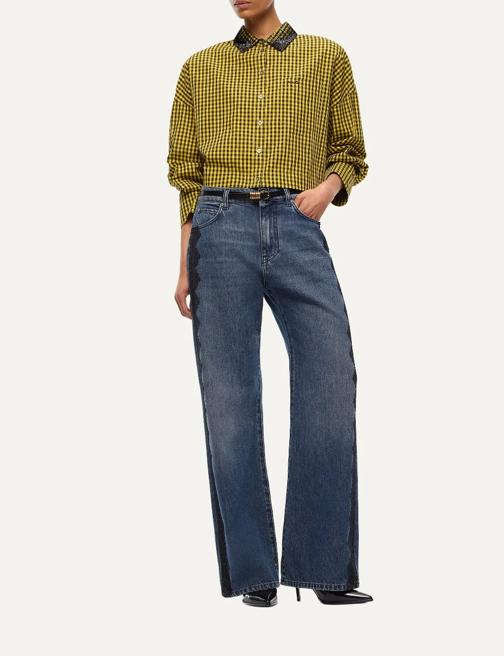 PINKO women's blue wide-leg denim jeans with contrasting black lace side panels and faded wash full look