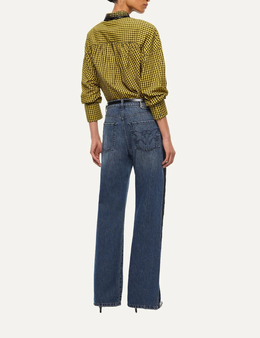 PINKO women's blue wide-leg denim jeans with contrasting black lace side panels and faded wash back view
