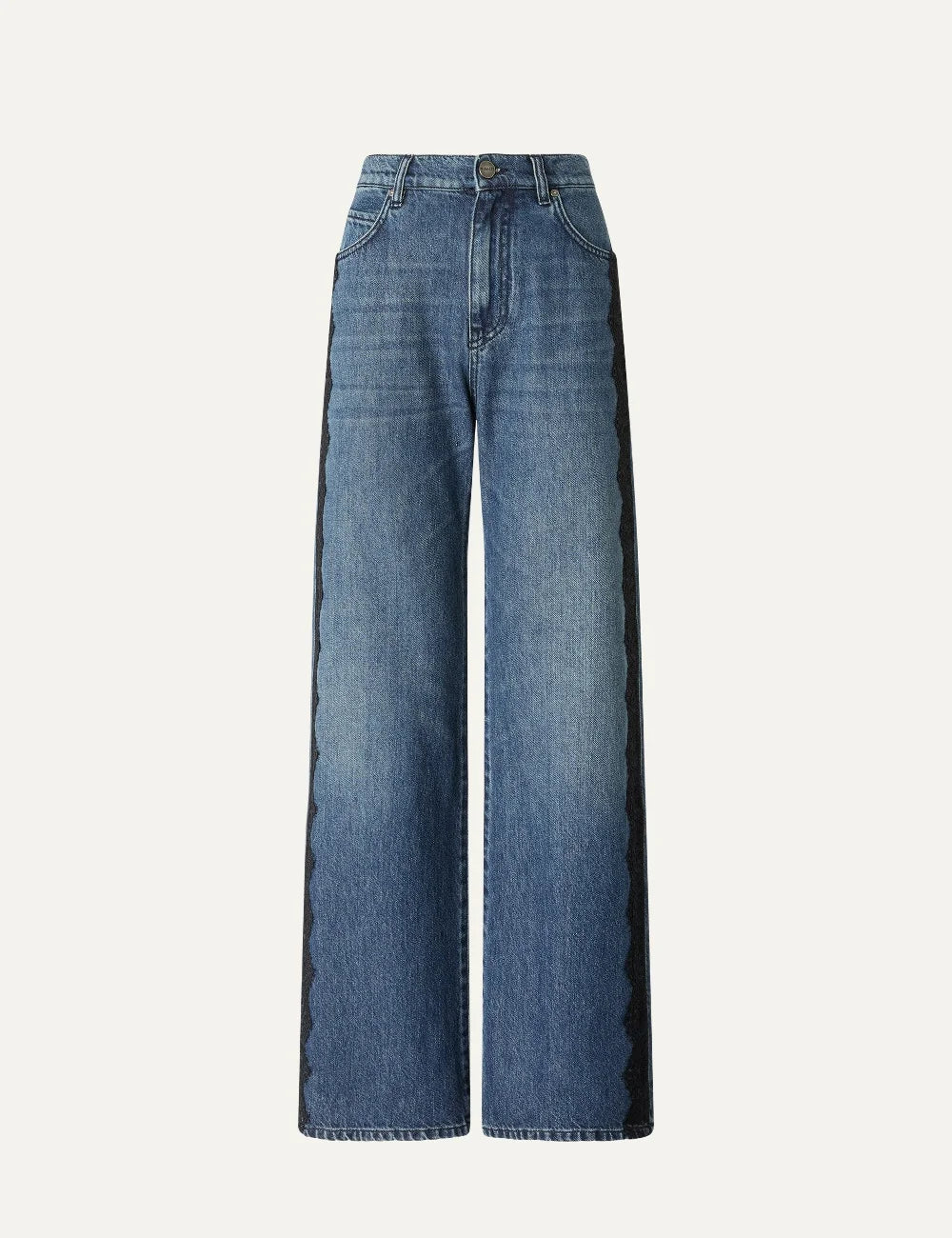 PINKO women's blue wide-leg denim jeans with contrasting black lace side panels and faded wash product shot