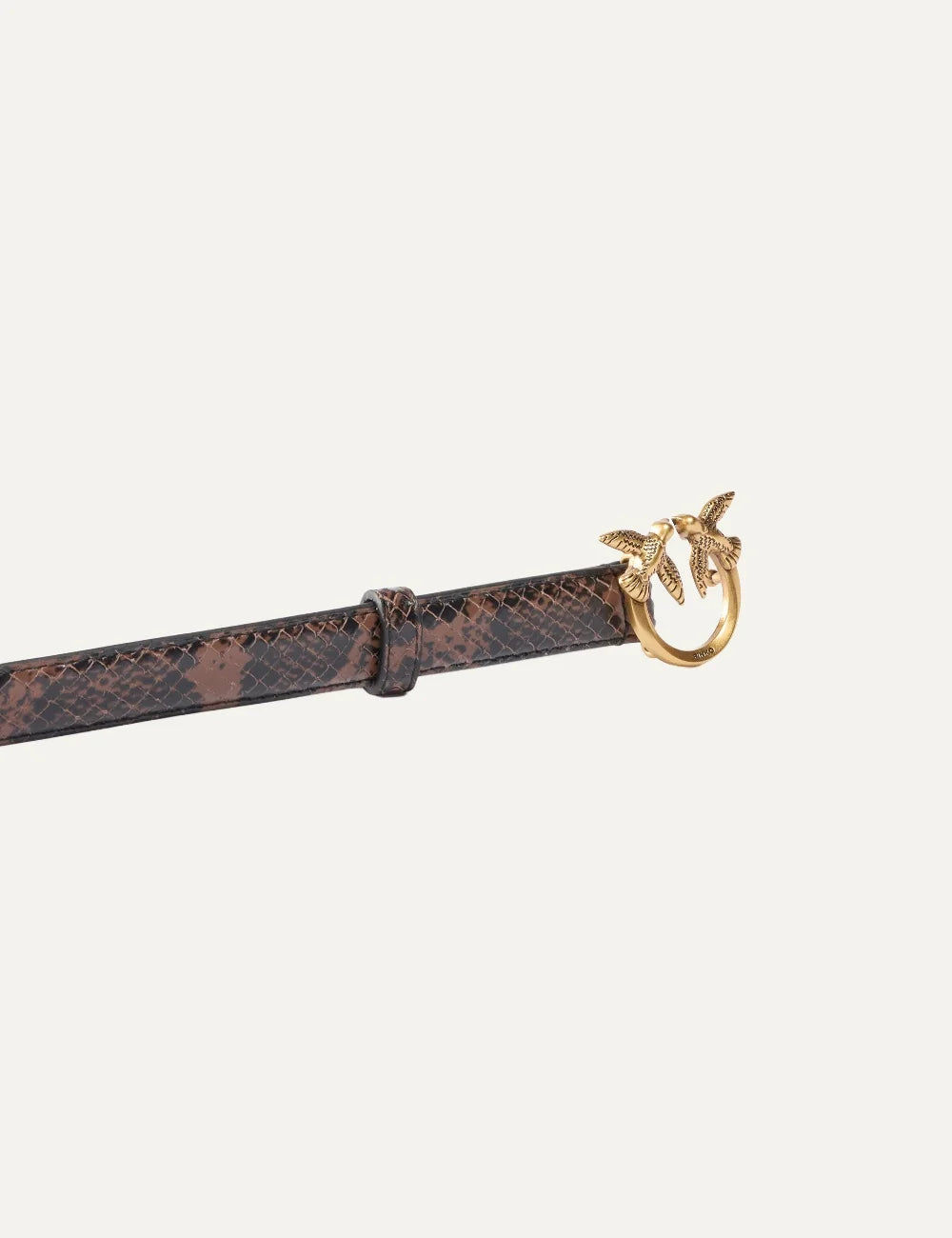 Pinko women's brown and black python print leather belt with gold Love Birds buckle detail