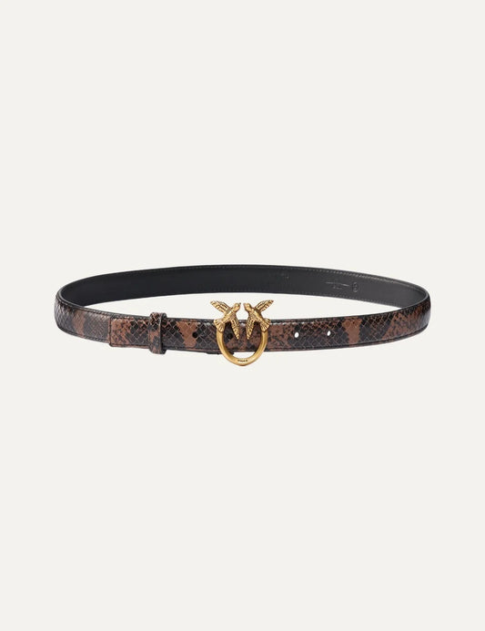 Pinko women's brown and black python print leather belt with gold Love Birds buckle.