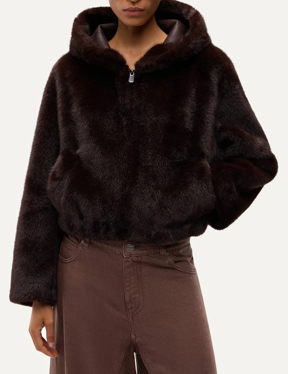 Pinko women's&nbsp;cropped faux fur hooded jacket with long sleeves and front zip closure model