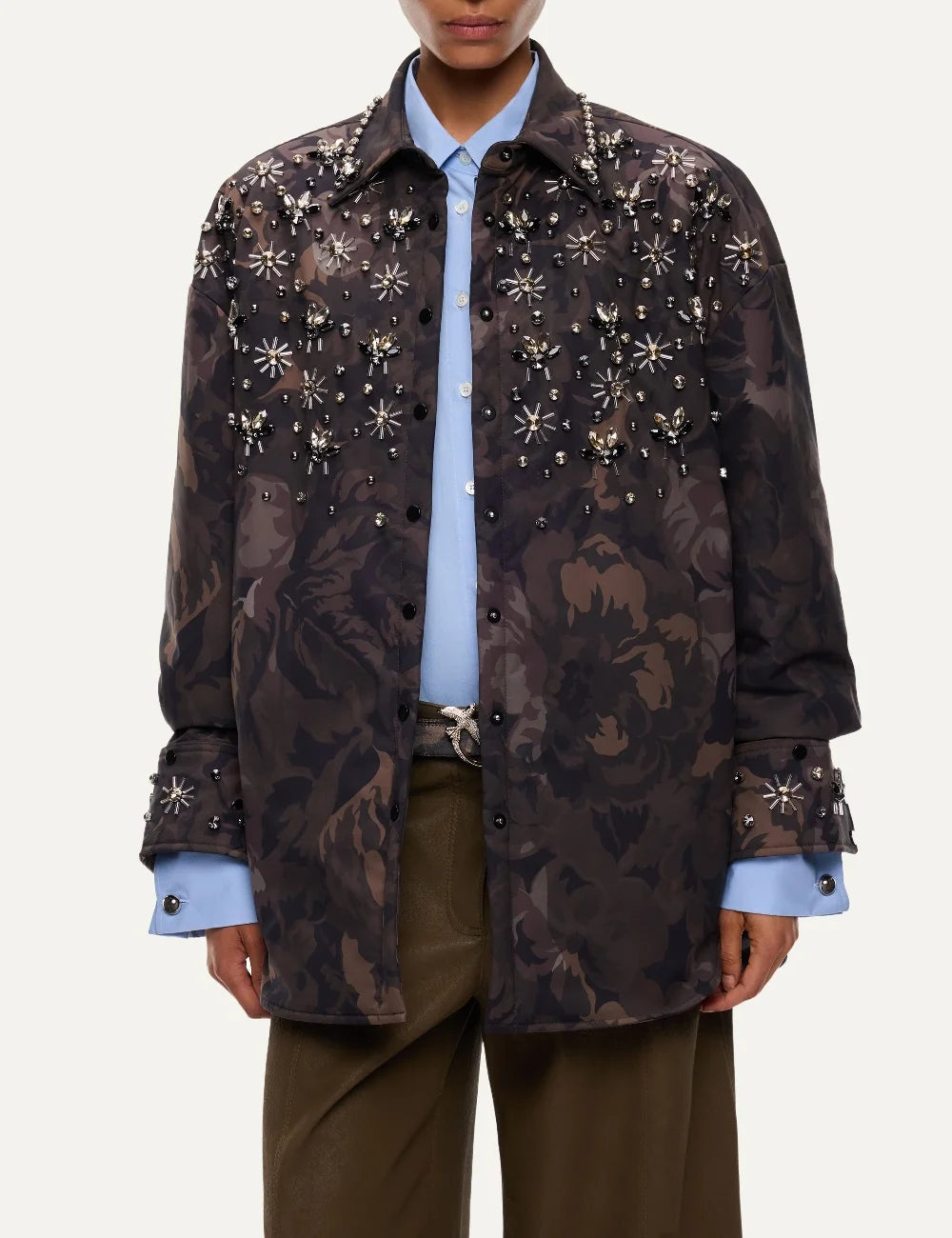 Pinko women's oversized brown floral camouflage shacket with crystal embellishments, studded collar and button front model